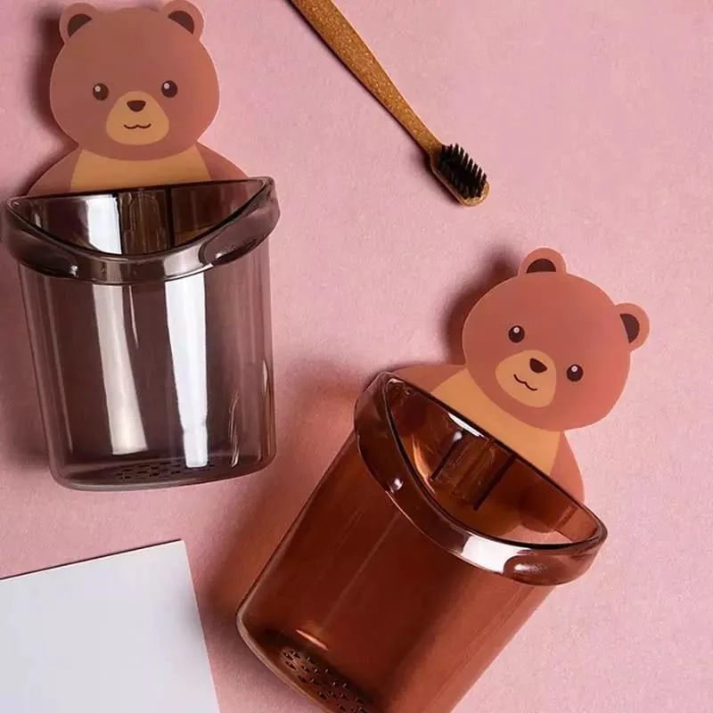 Cute Bear Bathroom Toothbrush Organizer – Toothpaste & Cup Storage Holder