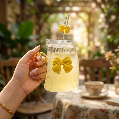 Cute Bow Glass Tumbler with Straw – Stylish Drinkware for Home & Office