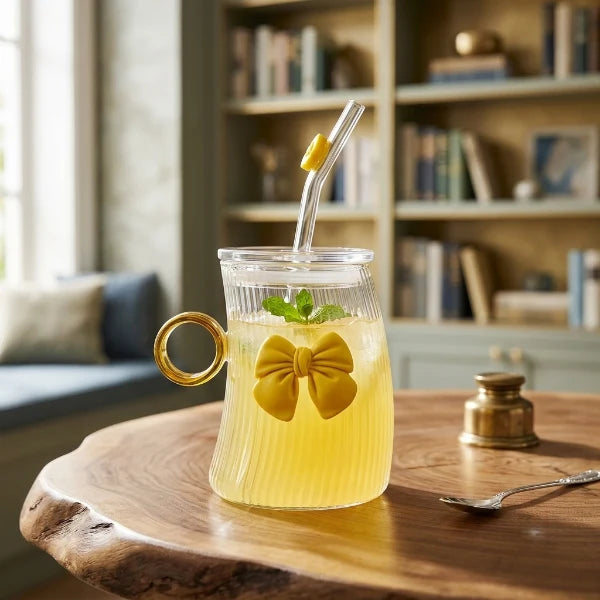 Cute Bow Glass Tumbler with Straw – Stylish Drinkware for Home & Office
