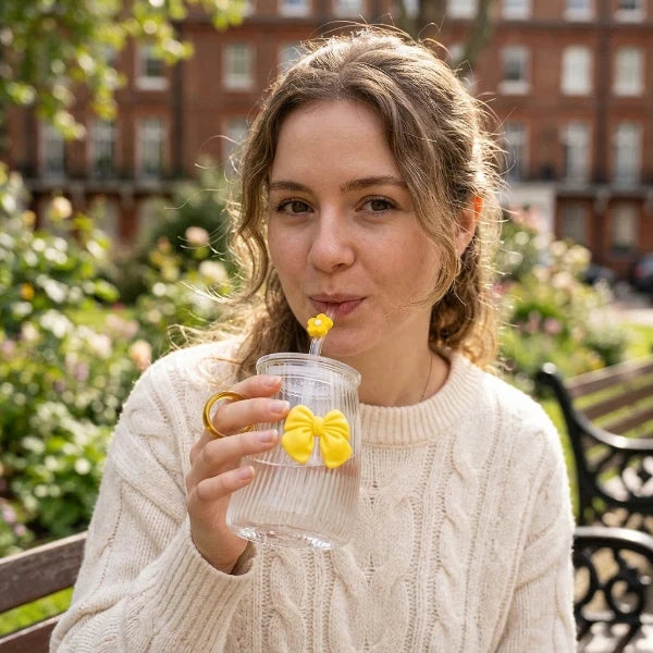 Cute Bow Glass Tumbler with Straw – Stylish Drinkware for Home & Office