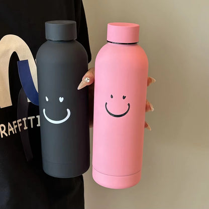 Cute Cartoon Smile Glass Water Bottle – 500ML Portable Bottle with Leak-Proof Lid