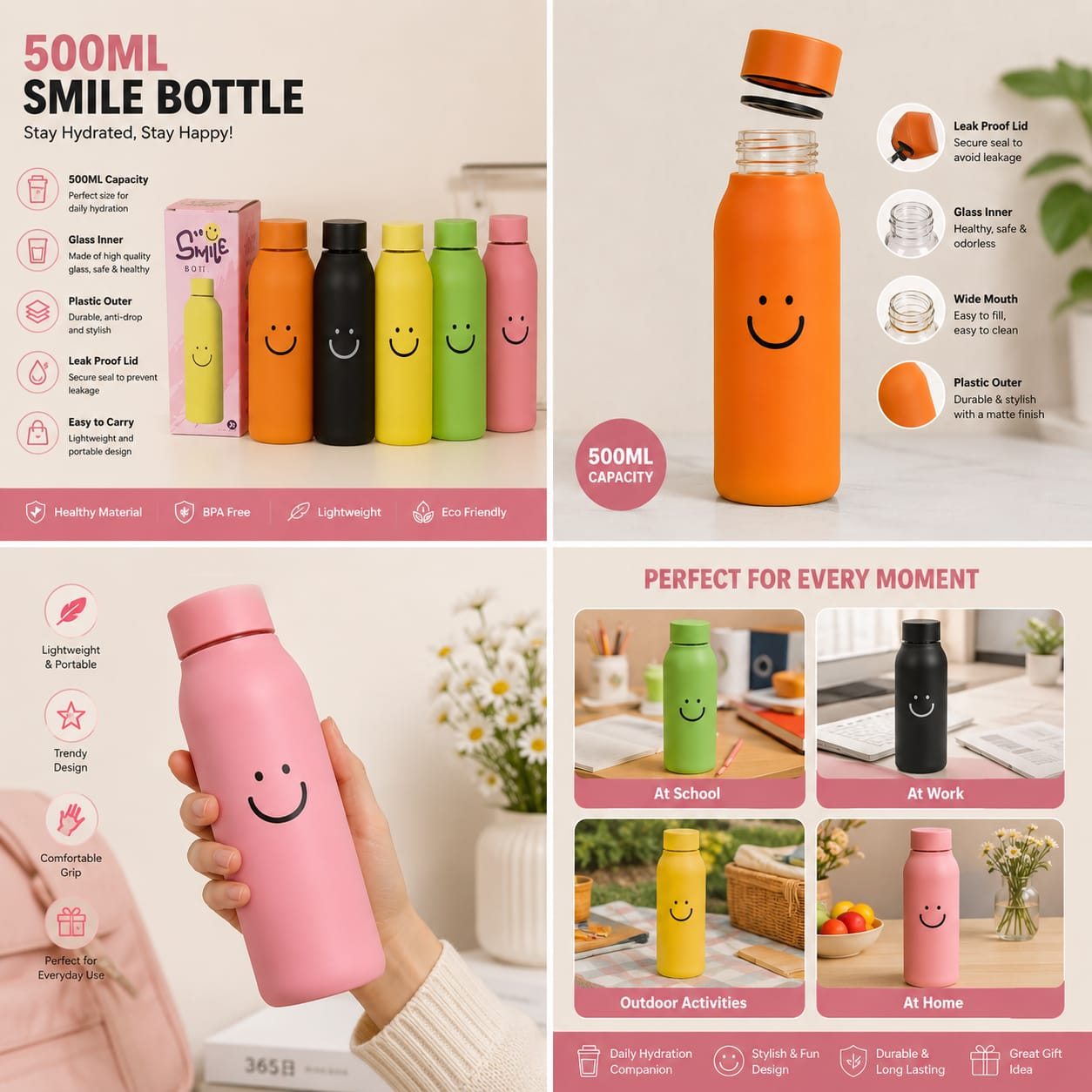 Cute Cartoon Smile Glass Water Bottle – 500ML Portable Bottle with Leak-Proof Lid