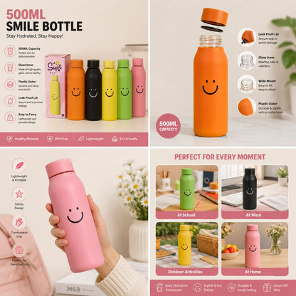 Cute Cartoon Smile Glass Water Bottle – 500ML Portable Bottle with Leak-Proof Lid