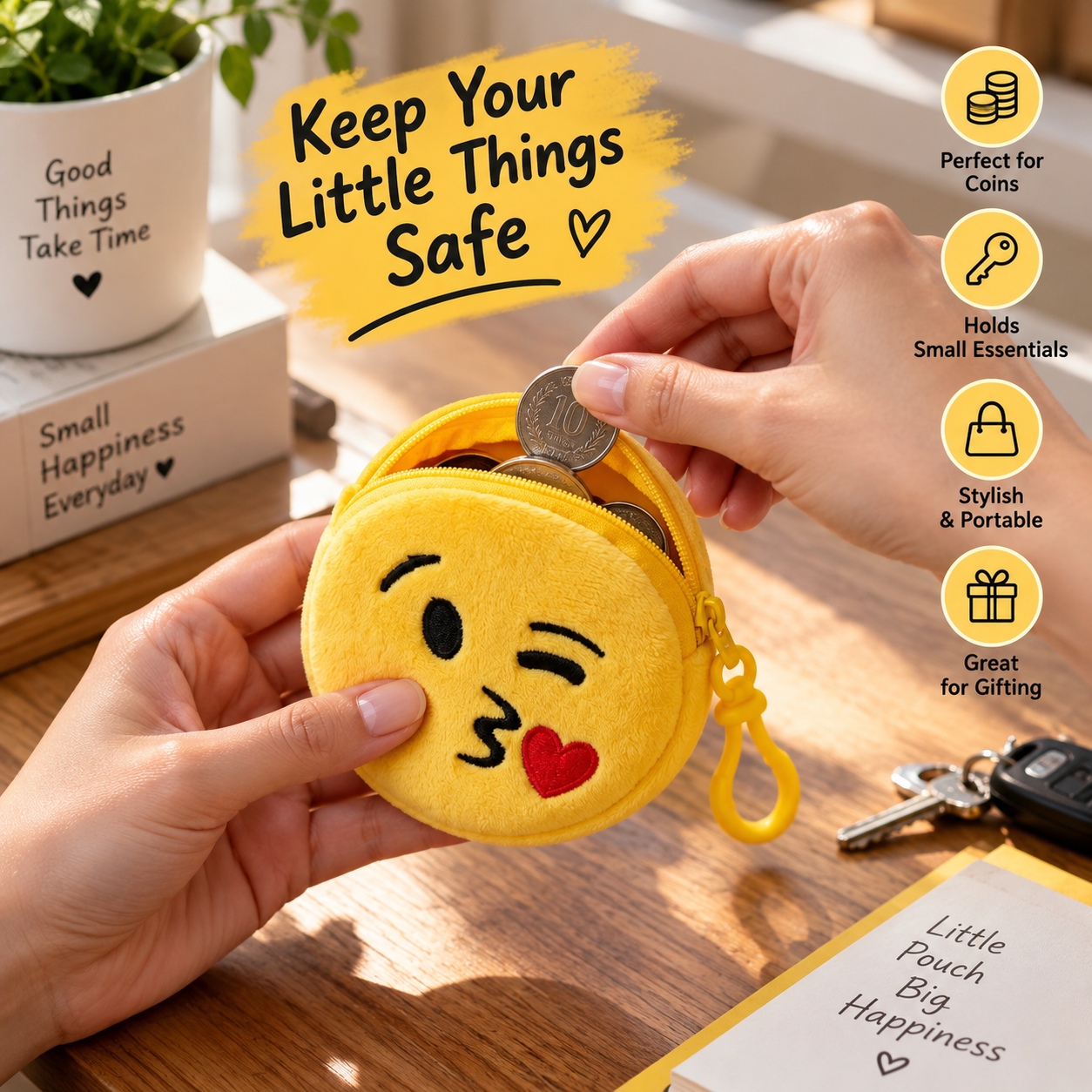 Cute Emoji Keychain Pouch – Mini Zipper Coin & Accessory Bag