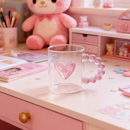 Cute Heart Glass Mug with Decorative Bead Handle – Perfect Gift for Her
