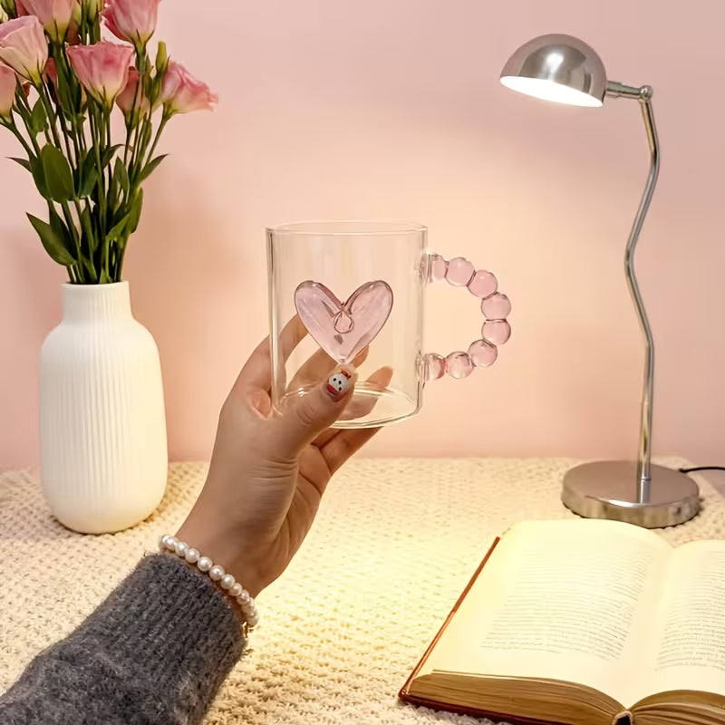 Cute Heart Glass Mug with Decorative Bead Handle – Perfect Gift for Her