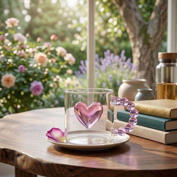 Cute Heart Glass Mug with Decorative Bead Handle – Perfect Gift for Her