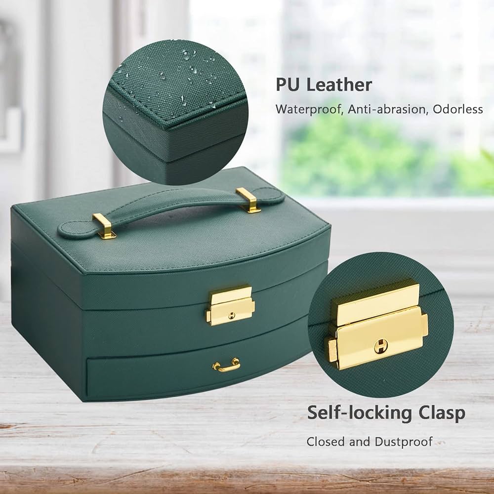 Deluxe Green Leather Jewelry Organizer Chest, Jewelery Organizer 