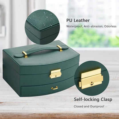 Deluxe Green Leather Jewelry Organizer Chest, Jewelery Organizer 