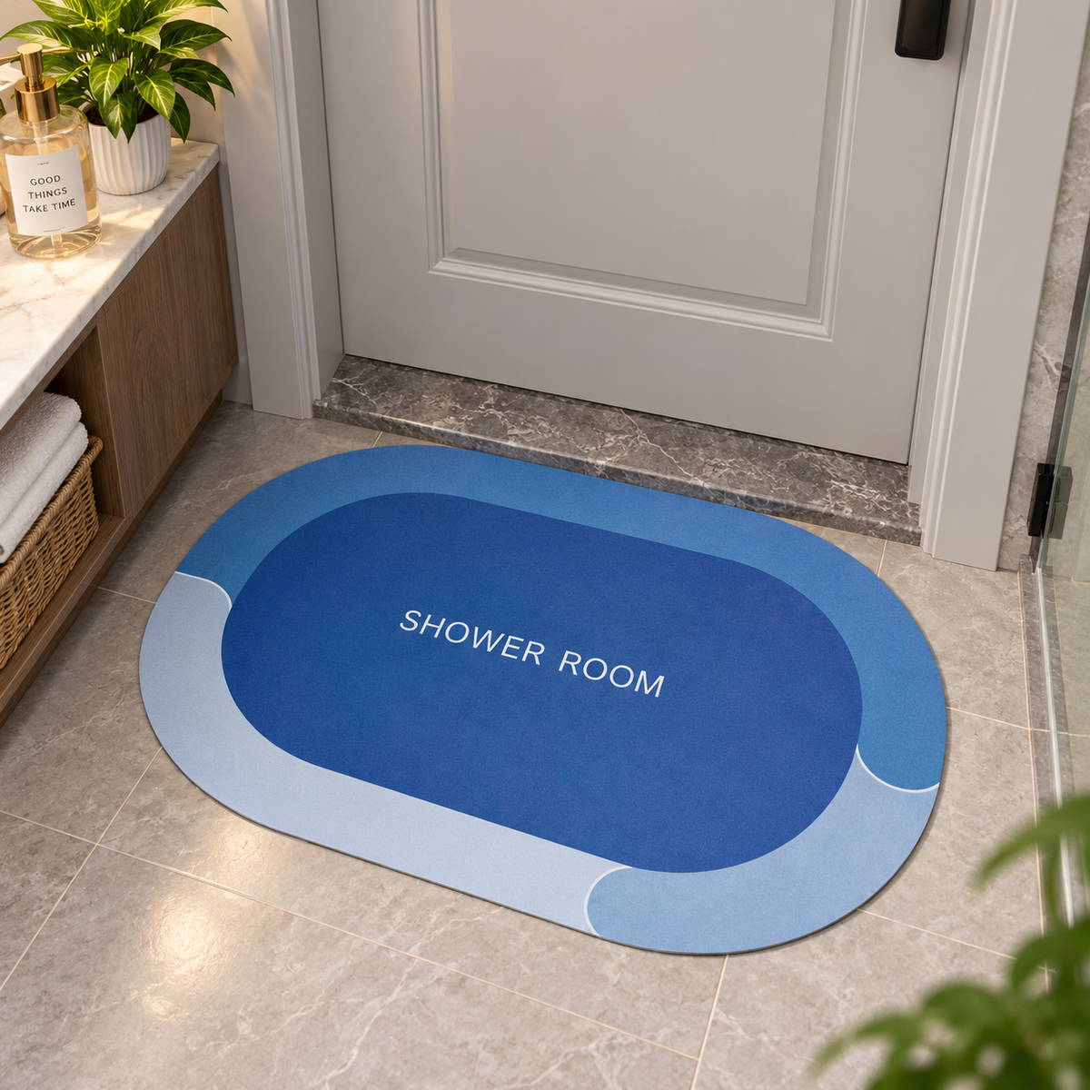 Elegant Blue Bathroom Floor Mat – Modern Shower Room Mat for Home Decor