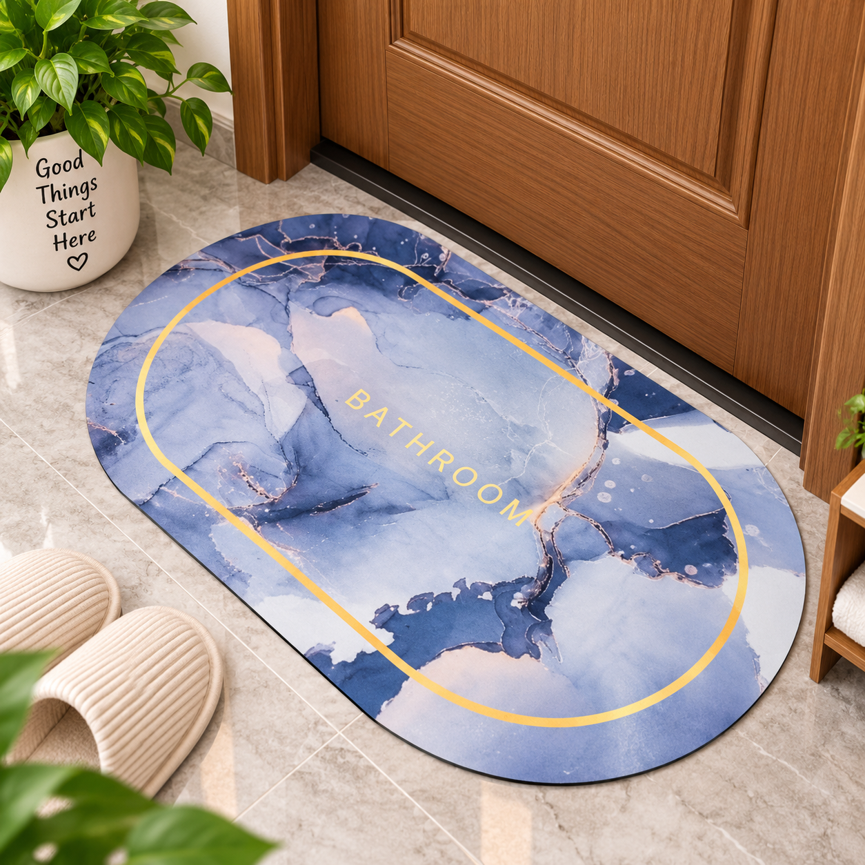 Elegant Blue Bathroom Mat – Marble Pattern Floor Mat for Stylish Home Decor