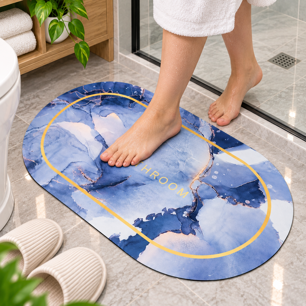 Elegant Blue Bathroom Mat – Marble Pattern Floor Mat for Stylish Home Decor