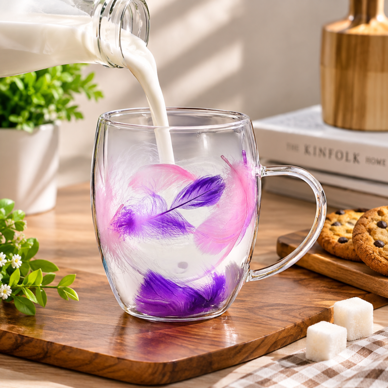 Elegant Feather Filled Double Wall Glass Mug with Handle