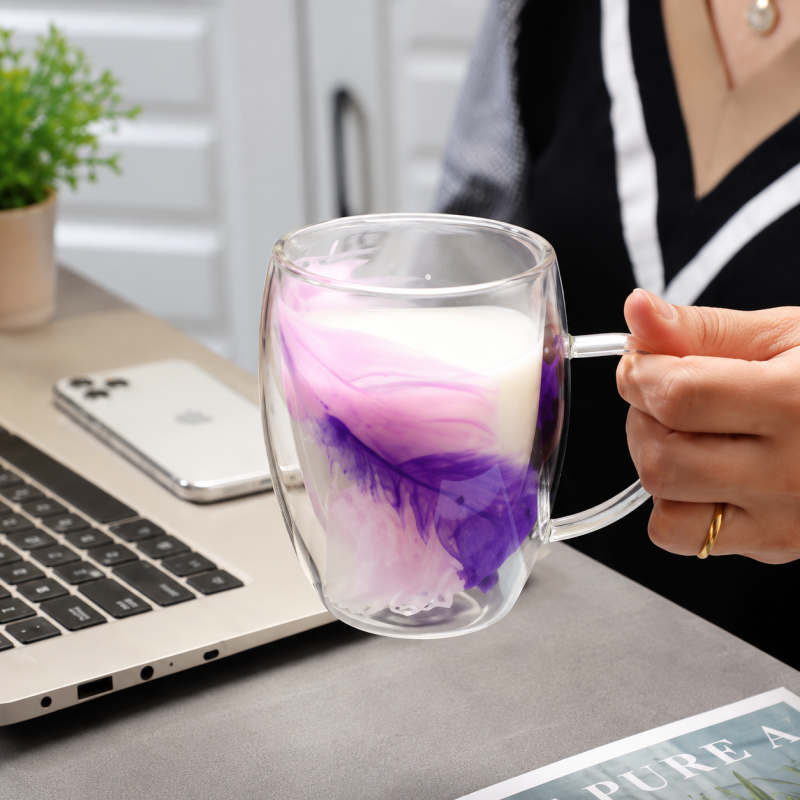 Elegant Feather Filled Double Wall Glass Mug with Handle