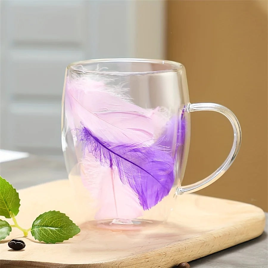 Elegant Feather Filled Double Wall Glass Mug with Handle