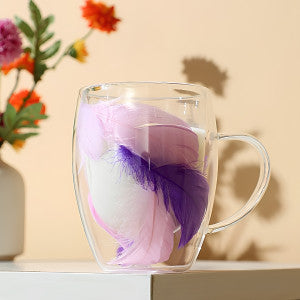 Elegant Feather Filled Double Wall Glass Mug with Handle