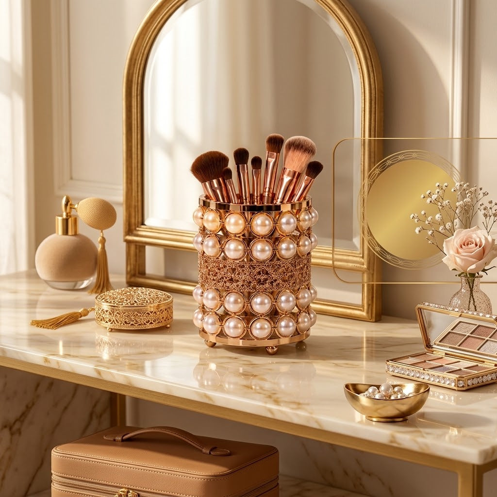Elegant Gold Pearl Makeup Brush Holder – Premium Cosmetic Storage Organizer