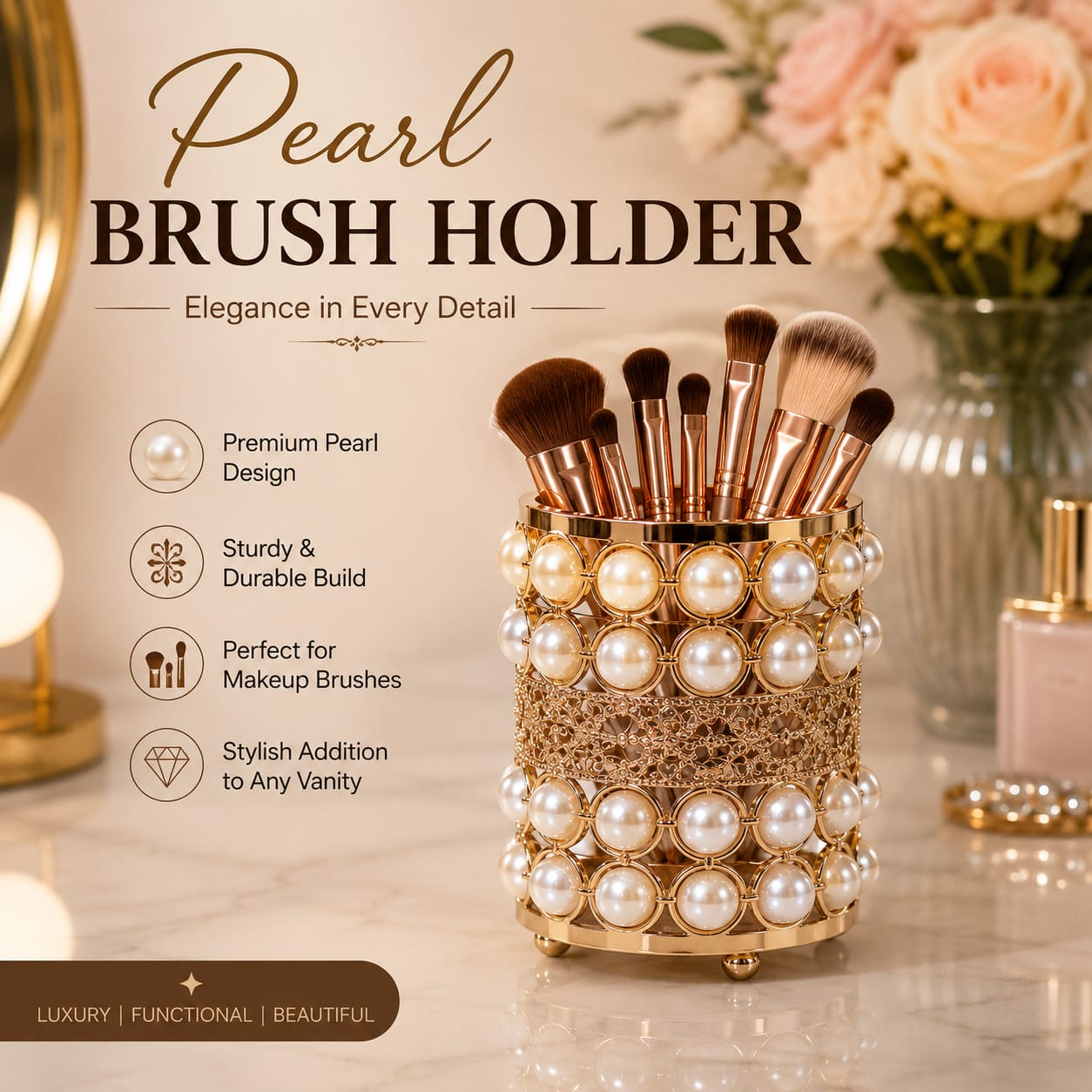 Elegant Gold Pearl Makeup Brush Holder – Premium Cosmetic Storage Organizer