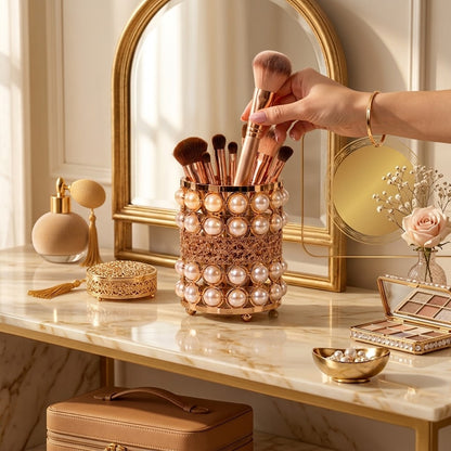 Elegant Gold Pearl Makeup Brush Holder – Premium Cosmetic Storage Organizer
