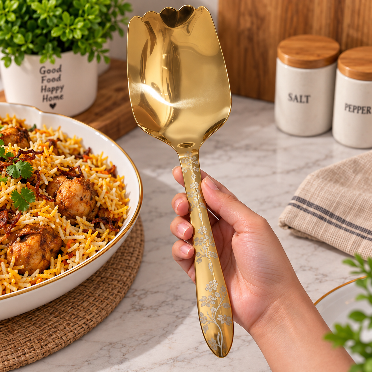 Elegant Golden Kitchen Serving Spoon – Floral Design Stainless Steel Spoon