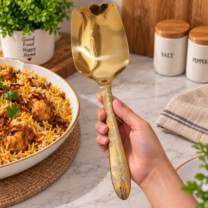 Elegant Golden Kitchen Serving Spoon – Floral Design Stainless Steel Spoon