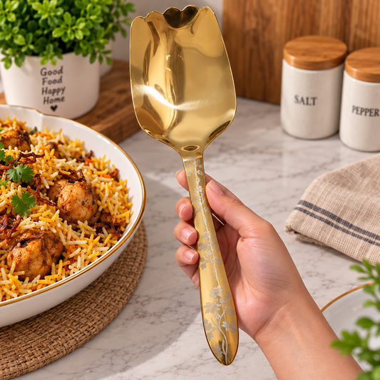 Elegant Golden Kitchen Serving Spoon – Floral Design Stainless Steel Spoon