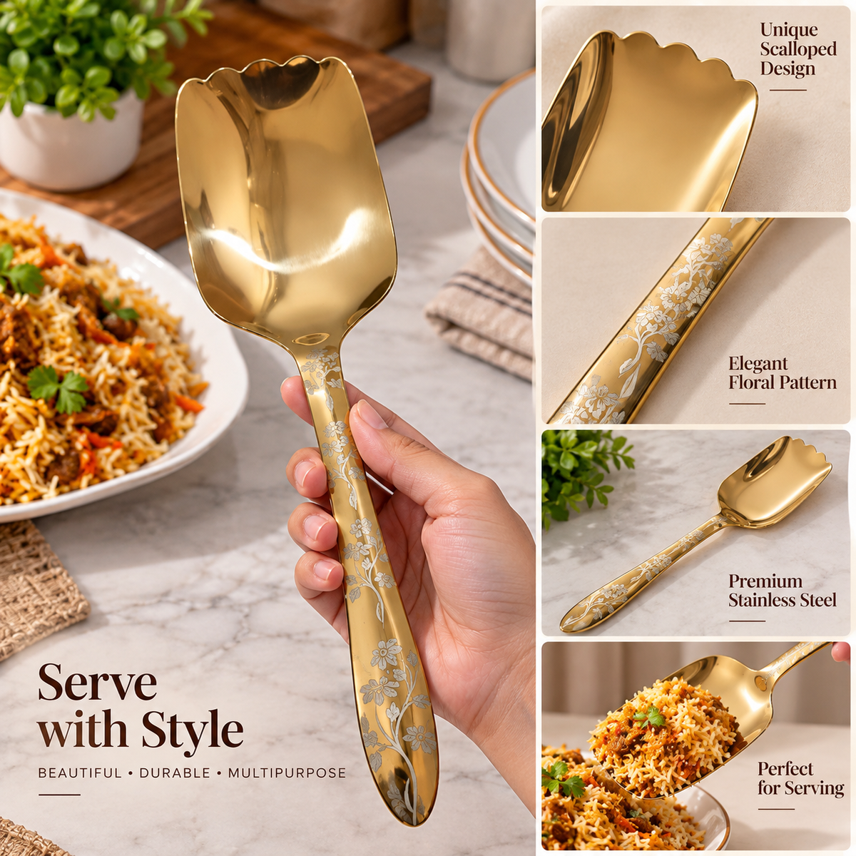 Elegant Golden Kitchen Serving Spoon – Floral Design Stainless Steel Spoon
