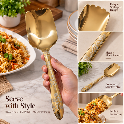 Elegant Golden Kitchen Serving Spoon – Floral Design Stainless Steel Spoon