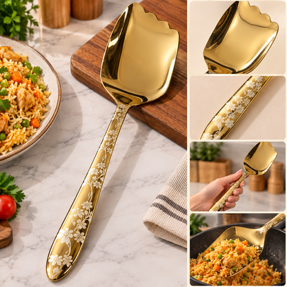 Elegant Golden Kitchen Serving Spoon – Floral Design Stainless Steel Spoon