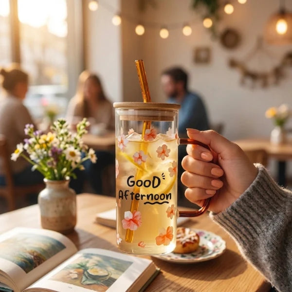 Elegant Greeting Glass Mug with Straw – Stylish Gift for Coffee & Tea Lovers