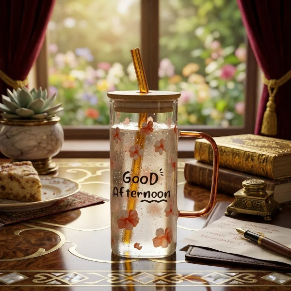 Elegant Greeting Glass Mug with Straw – Stylish Gift for Coffee & Tea Lovers