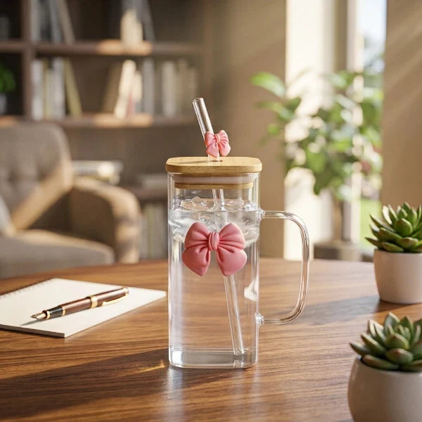 Elegant Square Glass Cup with Wooden Lid & Bow Detail
