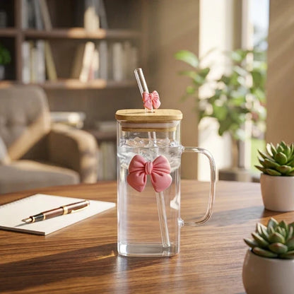 Elegant Square Glass Cup with Wooden Lid & Bow Detail