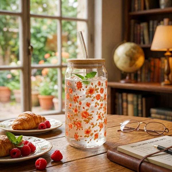 Floral Glass Mug with Wooden Lid – Elegant Coffee & Tea Cup