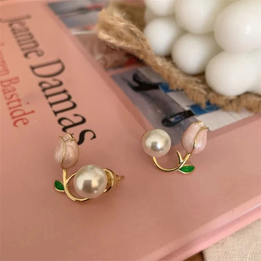 Floral Pearlescent Pink Tulip Earrings, Health and Beauty 