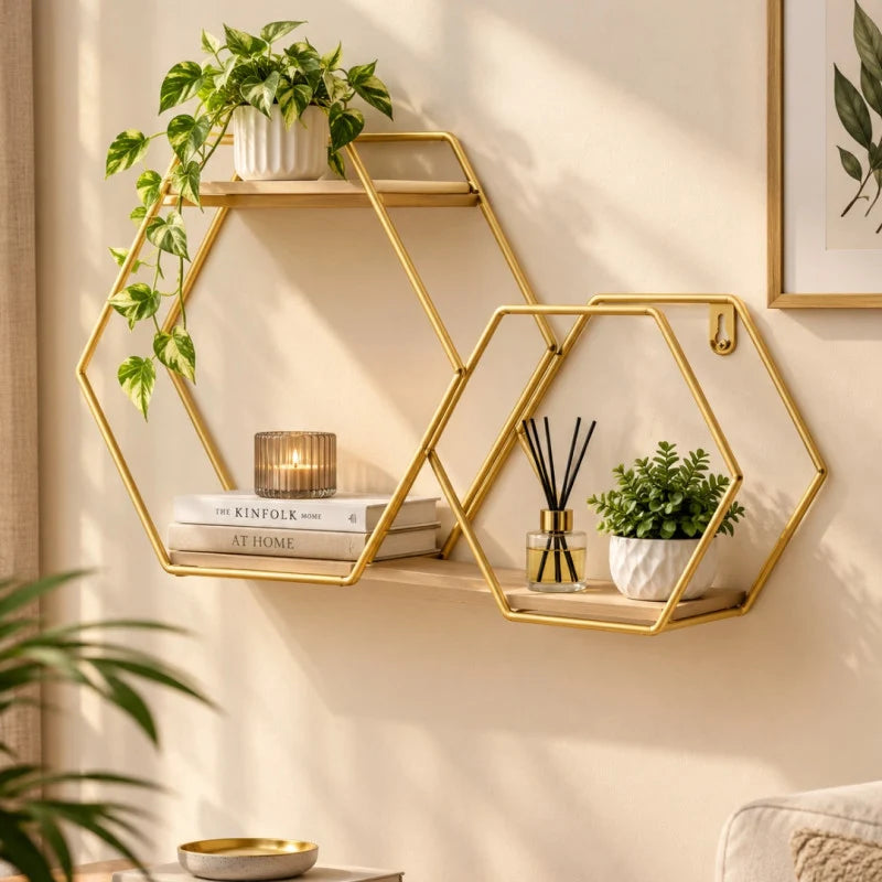 Geometric Hexagonal Wall Rack – Stylish Wooden Display Shelf