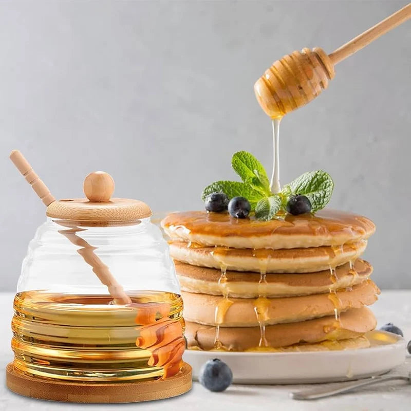 Glass Honey Dispenser – Honey Jar with Wooden Lid and Serving Spoon