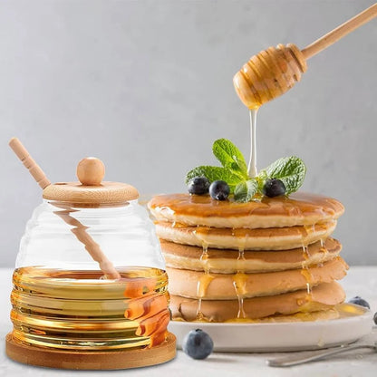 Glass Honey Dispenser – Honey Jar with Wooden Lid and Serving Spoon