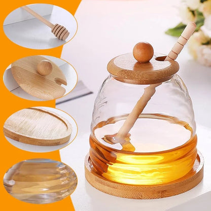 Glass Honey Dispenser – Honey Jar with Wooden Lid and Serving Spoon