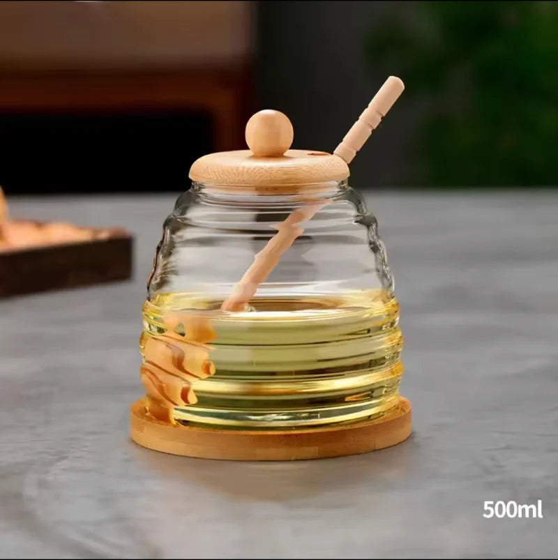 Glass Honey Dispenser – Honey Jar with Wooden Lid and Serving Spoon
