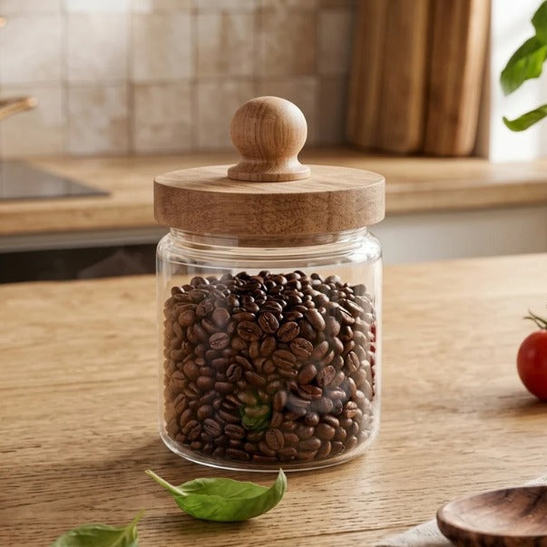 Glass Kitchen Canister with Wooden Cap – Stylish Storage Jar