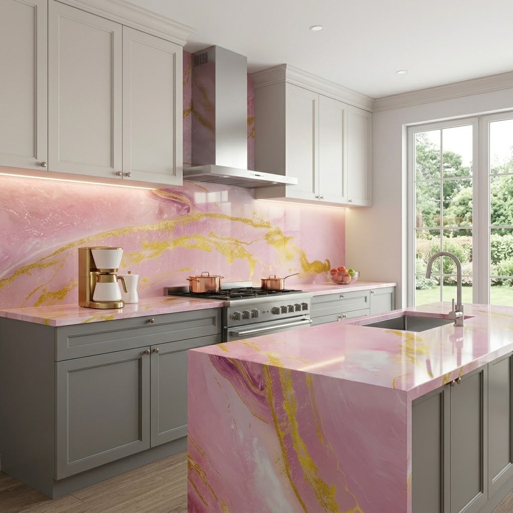Glossy Pink & Gold Decorative Wall Marble Sheet (60 × 200cm)