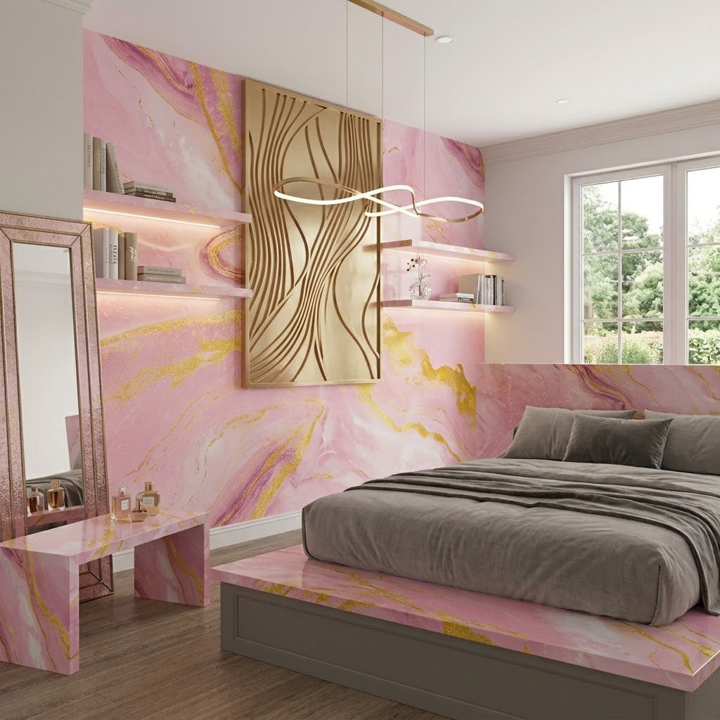 Glossy Pink & Gold Decorative Wall Marble Sheet (60 × 200cm)