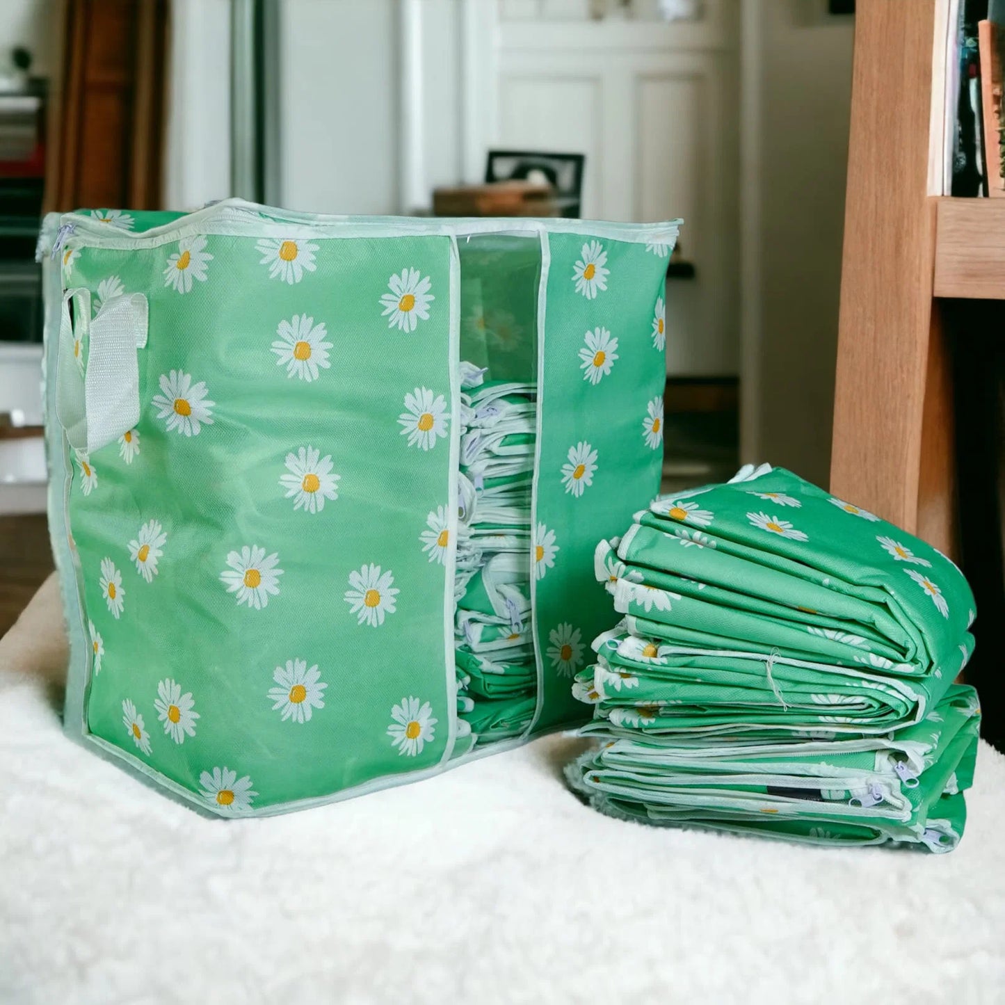 Green Floral Storage Bag – Ideal for Clothes, Blankets, Quilts & Bedding