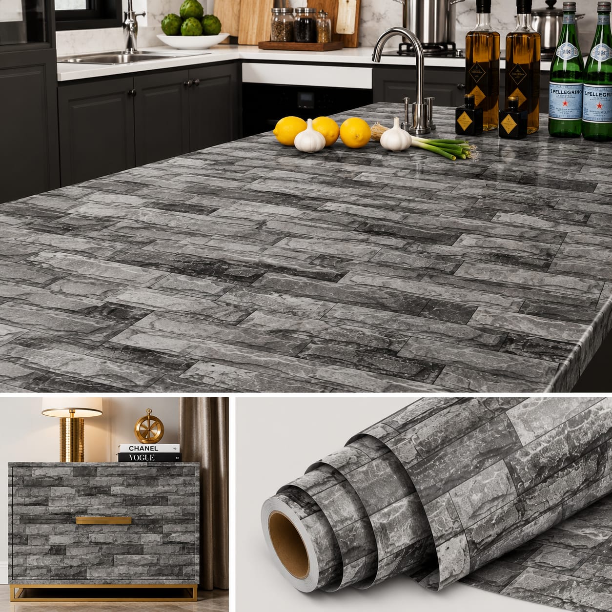 Grey Brick Pattern Self-Adhesive Marble Sheet (60x200cm)