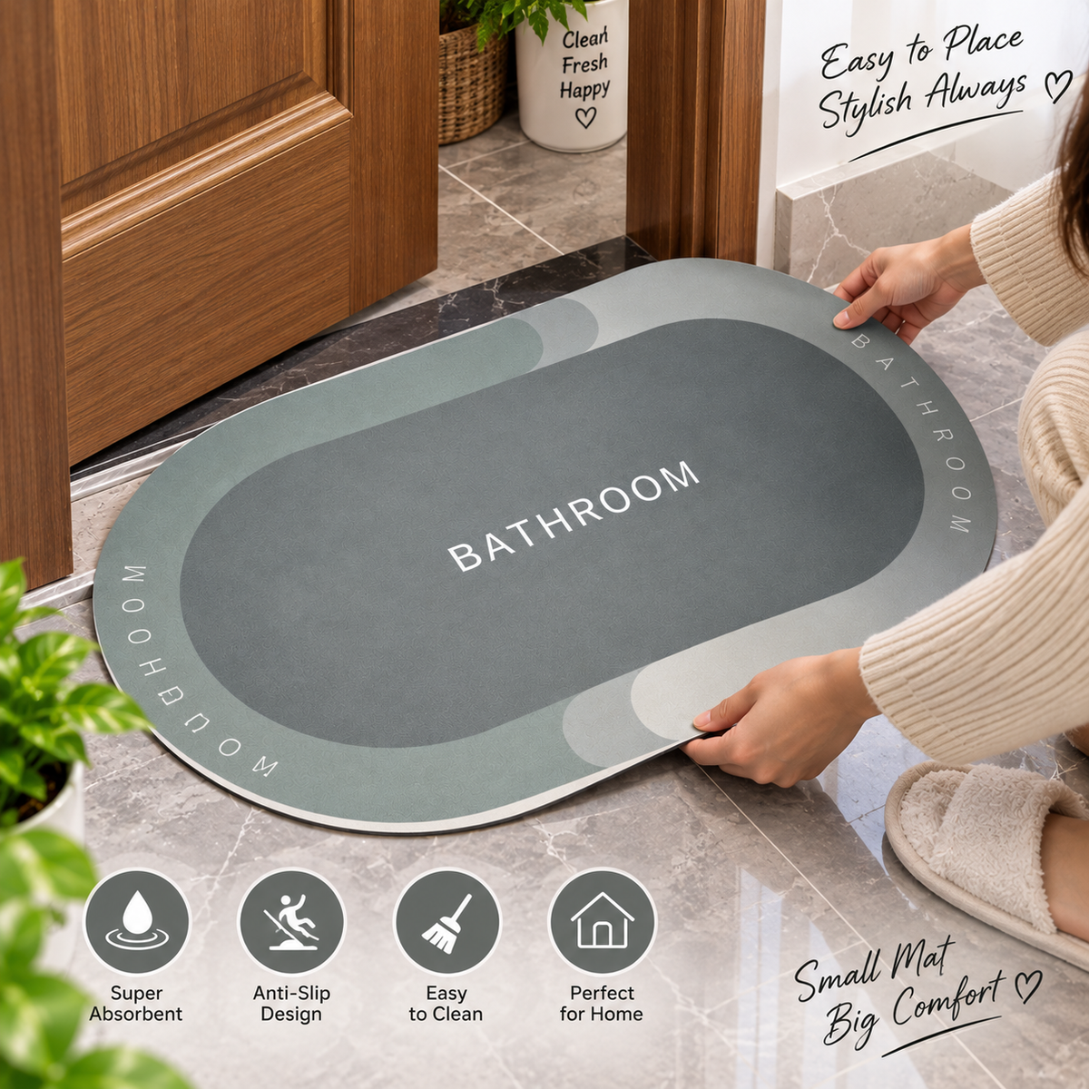 Grey Oval Bathroom Floor Mat – Elegant Minimal Design for Home
