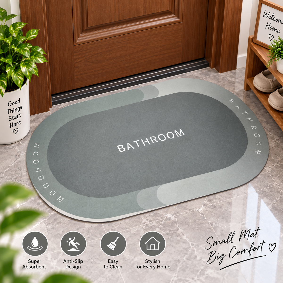 Grey Oval Bathroom Floor Mat – Elegant Minimal Design for Home
