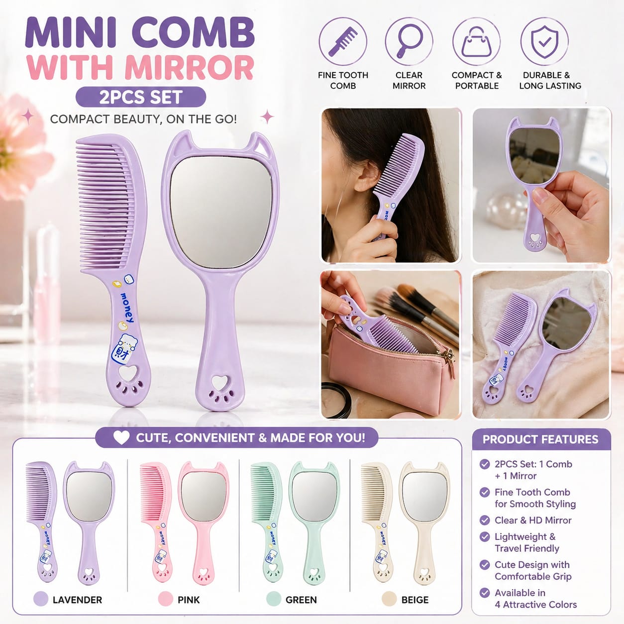 Handheld Grooming Mirror & Comb