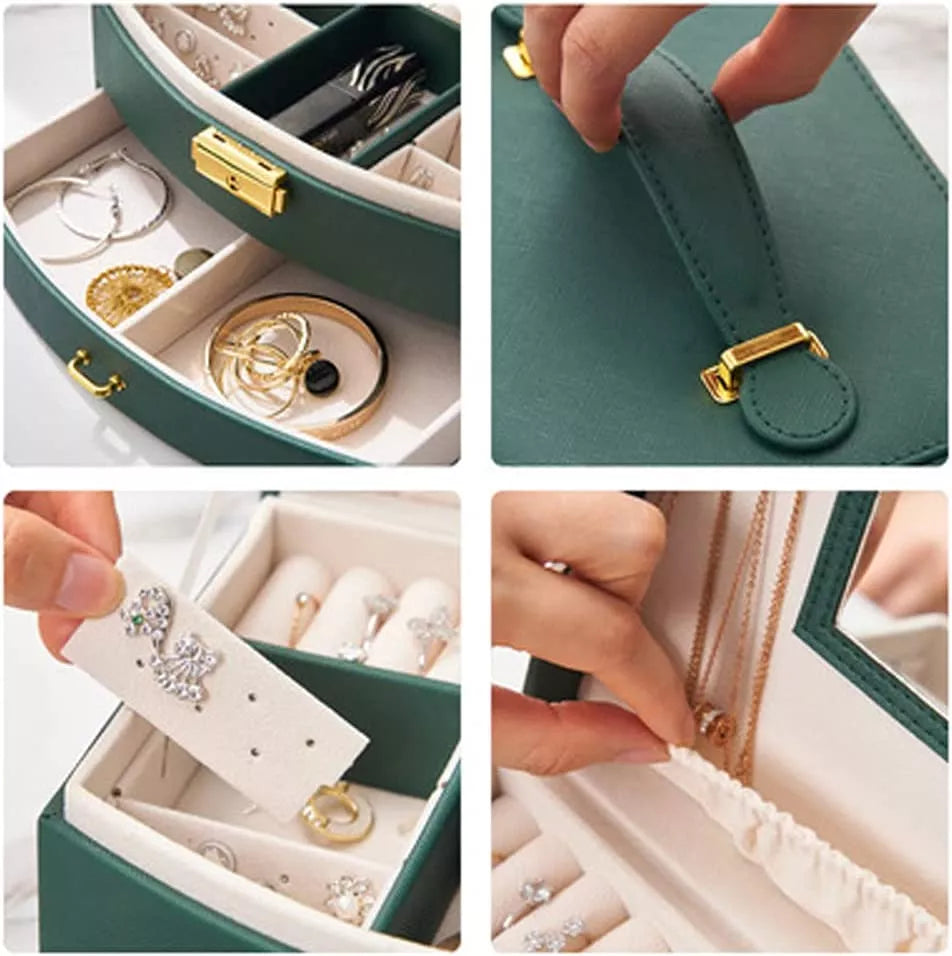 Luxury 2-Layer Green Leather Jewelry Box, Jewelry Organizer 