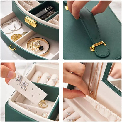 Luxury 2-Layer Green Leather Jewelry Box, Jewelry Organizer 